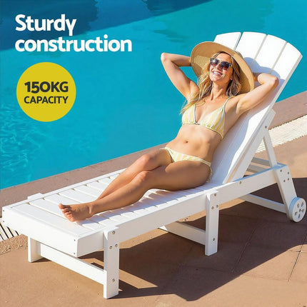 Gardeon Sun Lounge Lounger Table and Chairs Beach Chair Adirondack HDPE Patio Outdoor Furniture Wheels White.