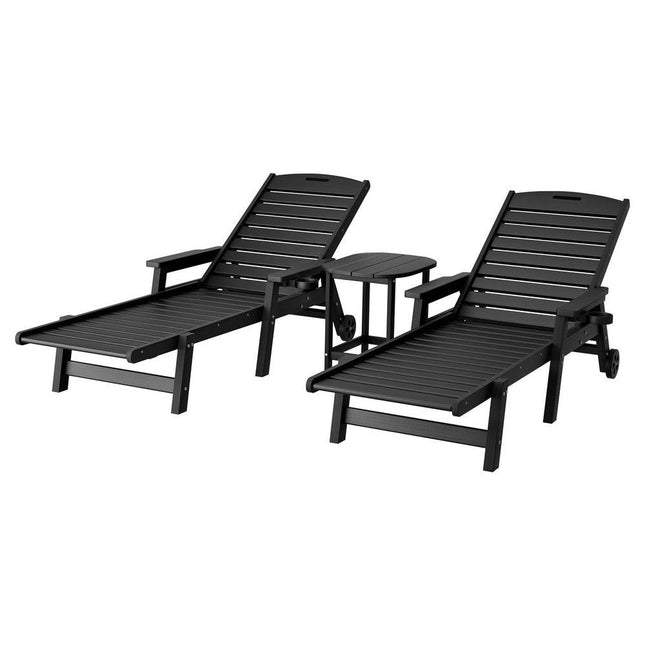 Gardeon Sun Lounge Lounger Beach Chair HDPE Patio Outdoor Furniture with Wheels Black.