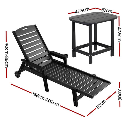 Gardeon Sun Lounge Lounger Beach Chair HDPE Patio Outdoor Furniture with Wheels Black.