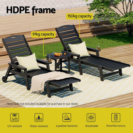 Gardeon Sun Lounge Lounger Beach Chair HDPE Patio Outdoor Furniture with Wheels Black.