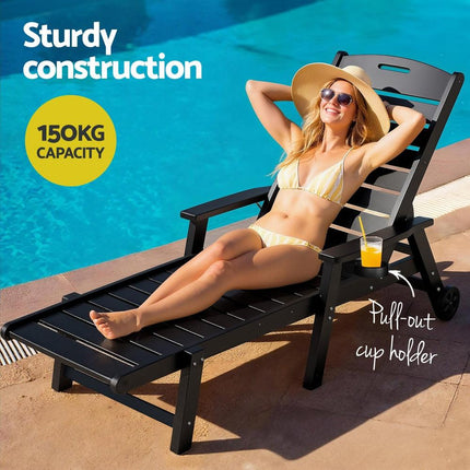 Gardeon Sun Lounge Lounger Beach Chair HDPE Patio Outdoor Furniture with Wheels Black.