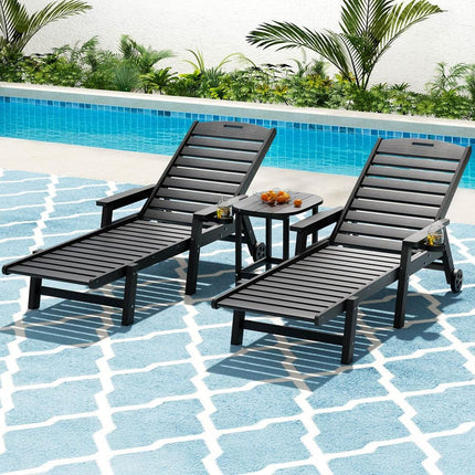 Gardeon Sun Lounge Lounger Beach Chair HDPE Patio Outdoor Furniture with Wheels Black.