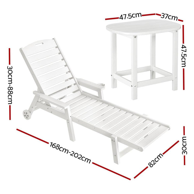 Gardeon Sun Lounge Lounger Beach Chair HDPE Patio Outdoor Furniture with Wheels White.