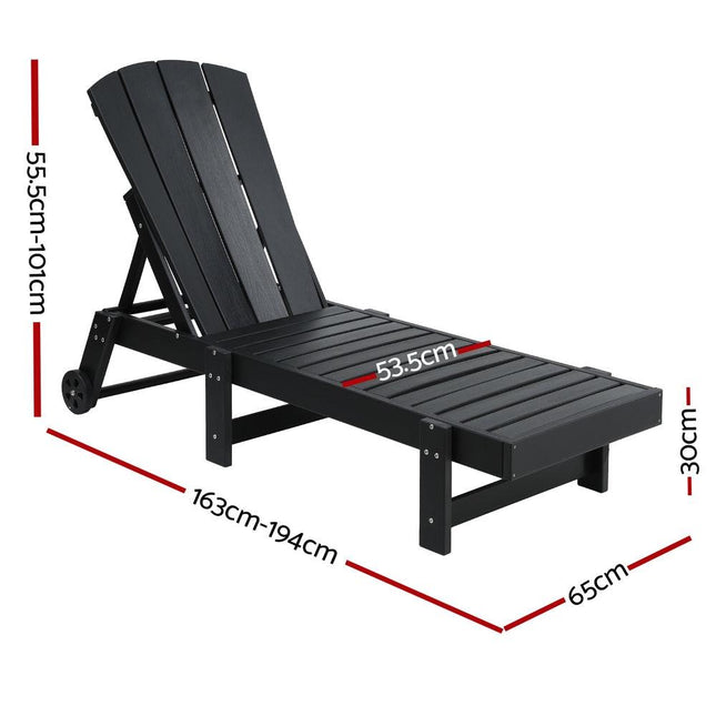 Gardeon Sun Lounge Beach Chair HDPE Adirondack Lounger Patio Outdoor Furniture with Wheels Black.