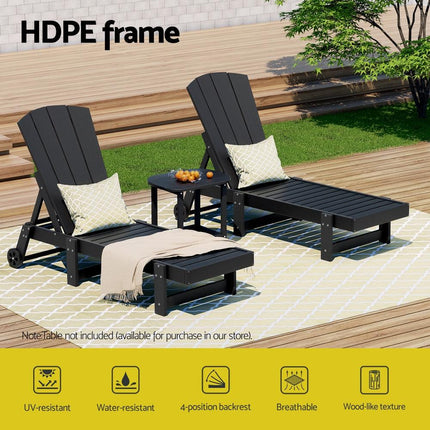 Gardeon Sun Lounge Beach Chair HDPE Adirondack Lounger Patio Outdoor Furniture with Wheels Black.