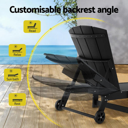 Gardeon Sun Lounge Beach Chair HDPE Adirondack Lounger Patio Outdoor Furniture with Wheels Black.
