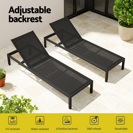 Gardeon Sun Lounge Outdoor Lounger Aluminium Folding Beach Chair Wheels Black.