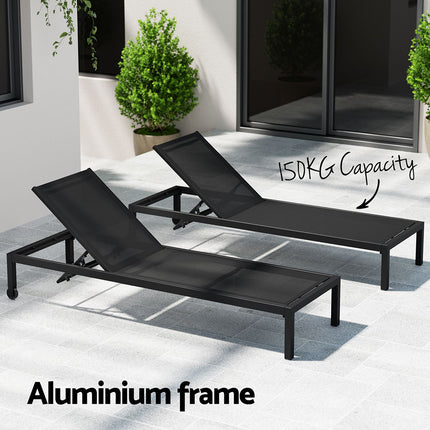 Gardeon Sun Lounge Outdoor Lounger Aluminium Folding Beach Chair Wheels Black.