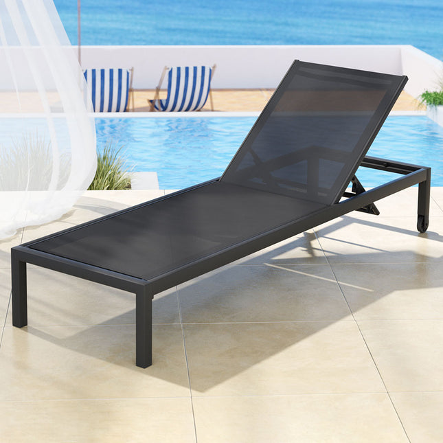 Gardeon Sun Lounge Outdoor Lounger Aluminium Folding Beach Chair Wheels Black.