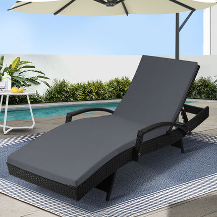 Gardeon Sun Lounge Wicker Lounger Outdoor Furniture Beach Chair Patio Adjustable Cushion Black.