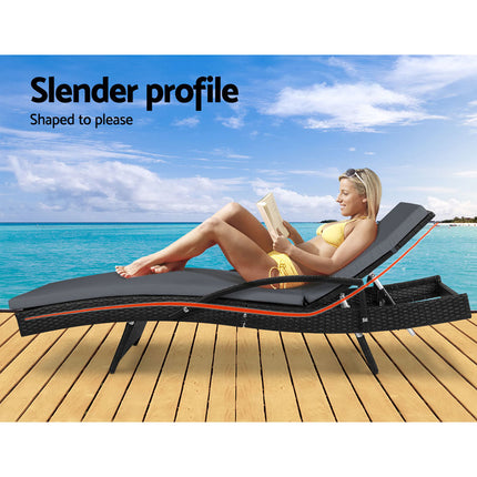 Gardeon Sun Lounge Wicker Lounger Outdoor Furniture Beach Chair Patio Adjustable Cushion Black.
