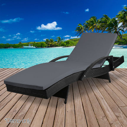 Gardeon Sun Lounge Wicker Lounger Outdoor Furniture Beach Chair Patio Adjustable Cushion Black.