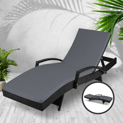 Gardeon Sun Lounge Wicker Lounger Outdoor Furniture Beach Chair Patio Adjustable Cushion Black.
