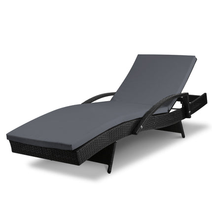 Gardeon Sun Lounge Wicker Lounger Outdoor Furniture Beach Chair Patio Adjustable Cushion Black.