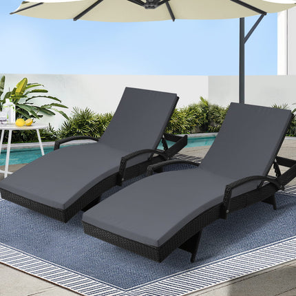 Gardeon 2PC Sun Lounge Wicker Lounger Outdoor Furniture Beach Chair Patio Adjustable Cushion Black.