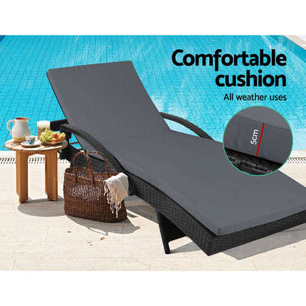 Gardeon 2PC Sun Lounge Wicker Lounger Outdoor Furniture Beach Chair Patio Adjustable Cushion Black.