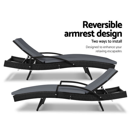 Gardeon 2PC Sun Lounge Wicker Lounger Outdoor Furniture Beach Chair Patio Adjustable Cushion Black.