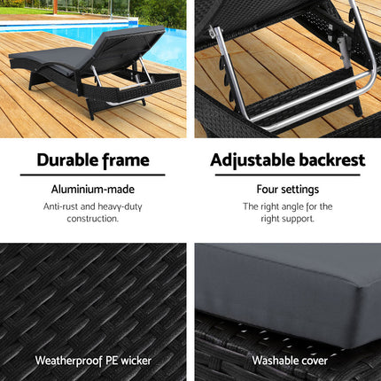 Gardeon 2PC Sun Lounge Wicker Lounger Outdoor Furniture Beach Chair Patio Adjustable Cushion Black.