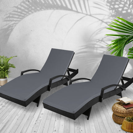 Gardeon 2PC Sun Lounge Wicker Lounger Outdoor Furniture Beach Chair Patio Adjustable Cushion Black.