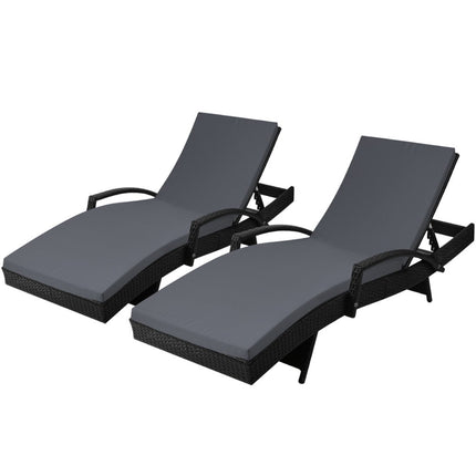 Gardeon 2PC Sun Lounge Wicker Lounger Outdoor Furniture Beach Chair Patio Adjustable Cushion Black.