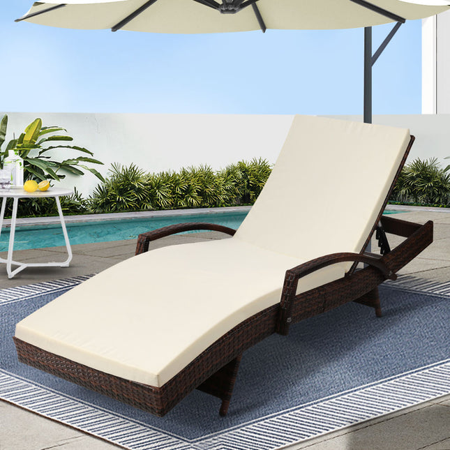 Gardeon Sun Lounge Wicker Lounger Outdoor Furniture Beach Chair Patio Adjustable Cushion Brown.