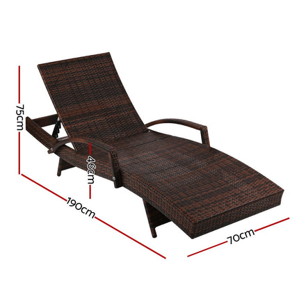 Gardeon Sun Lounge Wicker Lounger Outdoor Furniture Beach Chair Patio Adjustable Cushion Brown.