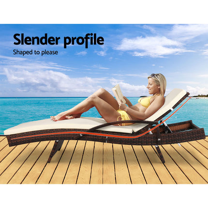 Gardeon Sun Lounge Wicker Lounger Outdoor Furniture Beach Chair Patio Adjustable Cushion Brown.
