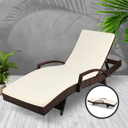 Gardeon Sun Lounge Wicker Lounger Outdoor Furniture Beach Chair Patio Adjustable Cushion Brown.