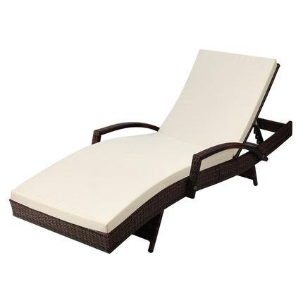 Gardeon Sun Lounge Wicker Lounger Outdoor Furniture Beach Chair Patio Adjustable Cushion Brown.