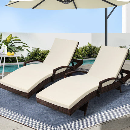 Gardeon 2PC Sun Lounge Wicker Lounger Outdoor Furniture Beach Chair Patio Adjustable Cushion Brown.