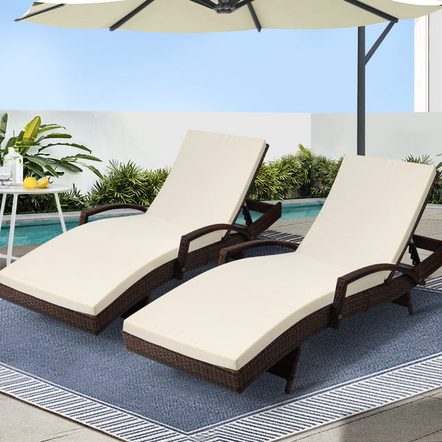 Gardeon 2PC Sun Lounge Wicker Lounger Outdoor Furniture Beach Chair Patio Adjustable Cushion Brown.