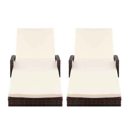 Gardeon 2PC Sun Lounge Wicker Lounger Outdoor Furniture Beach Chair Patio Adjustable Cushion Brown.