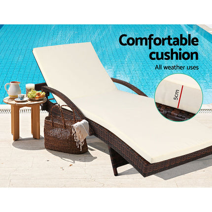 Gardeon 2PC Sun Lounge Wicker Lounger Outdoor Furniture Beach Chair Patio Adjustable Cushion Brown.