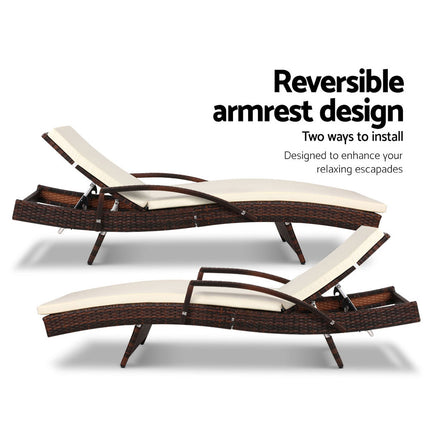 Gardeon 2PC Sun Lounge Wicker Lounger Outdoor Furniture Beach Chair Patio Adjustable Cushion Brown.