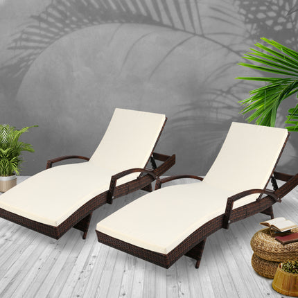 Gardeon 2PC Sun Lounge Wicker Lounger Outdoor Furniture Beach Chair Patio Adjustable Cushion Brown.