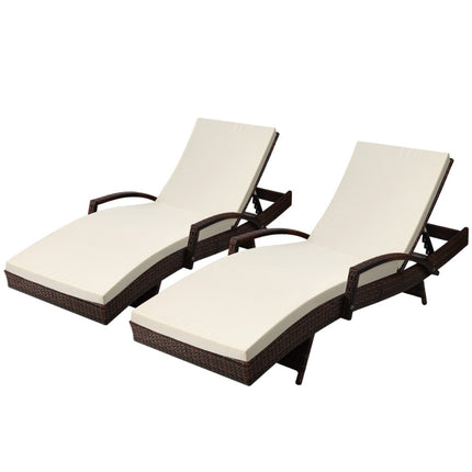 Gardeon 2PC Sun Lounge Wicker Lounger Outdoor Furniture Beach Chair Patio Adjustable Cushion Brown.