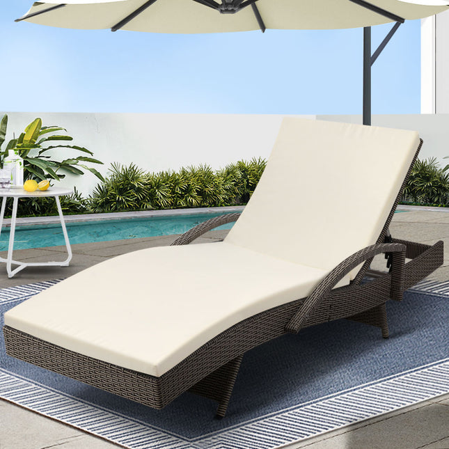 Gardeon Sun Lounge Wicker Lounger Outdoor Furniture Beach Chair Patio Adjustable Cushion Grey&Beige.