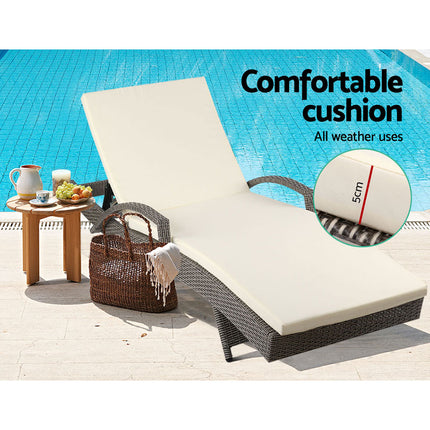 Gardeon Sun Lounge Wicker Lounger Outdoor Furniture Beach Chair Patio Adjustable Cushion Grey&Beige.
