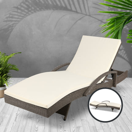 Gardeon Sun Lounge Wicker Lounger Outdoor Furniture Beach Chair Patio Adjustable Cushion Grey&Beige.