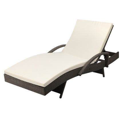 Gardeon Sun Lounge Wicker Lounger Outdoor Furniture Beach Chair Patio Adjustable Cushion Grey&Beige.