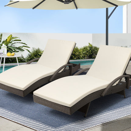 Gardeon 2PC Sun Lounge Wicker Lounger Outdoor Furniture Beach Chair Adjustable Cushion Grey&Beige.