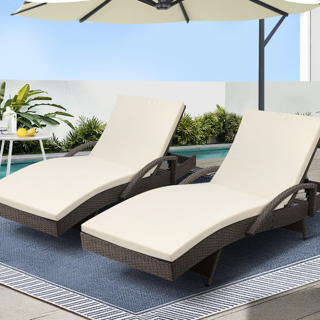 Gardeon 2PC Sun Lounge Wicker Lounger Outdoor Furniture Beach Chair Adjustable Cushion Grey&Beige.