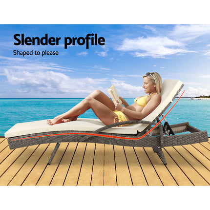 Gardeon 2PC Sun Lounge Wicker Lounger Outdoor Furniture Beach Chair Adjustable Cushion Grey&Beige.
