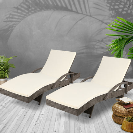 Gardeon 2PC Sun Lounge Wicker Lounger Outdoor Furniture Beach Chair Adjustable Cushion Grey&Beige.