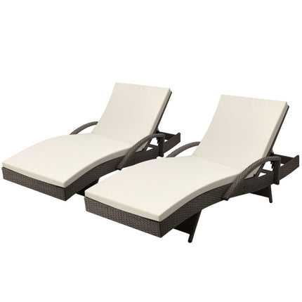 Gardeon 2PC Sun Lounge Wicker Lounger Outdoor Furniture Beach Chair Adjustable Cushion Grey&Beige.