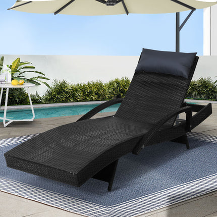 Gardeon Sun Lounge Wicker Lounger Outdoor Furniture Beach Chair Armrest Adjustable Black.