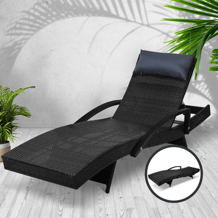 Gardeon Sun Lounge Wicker Lounger Outdoor Furniture Beach Chair Armrest Adjustable Black.