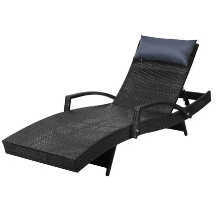 Gardeon Sun Lounge Wicker Lounger Outdoor Furniture Beach Chair Armrest Adjustable Black.