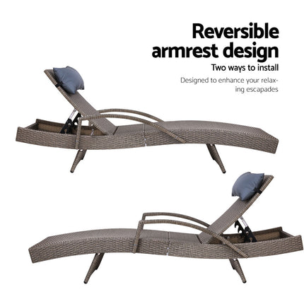 Gardeon Sun Lounge Wicker Lounger Outdoor Furniture Beach Armchair Adjustable Grey&Beige.