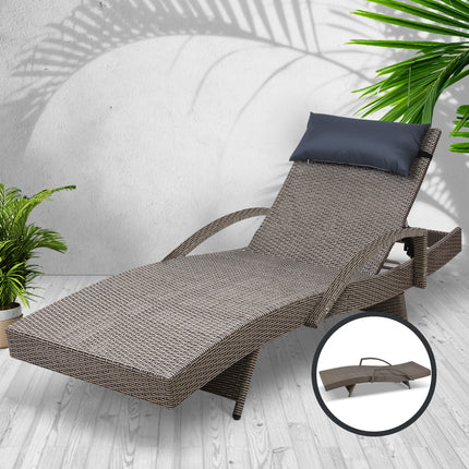 Gardeon Sun Lounge Wicker Lounger Outdoor Furniture Beach Armchair Adjustable Grey&Beige.